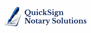 Logo of QuickSign Notary Solutions with a green checkmark and blue text.